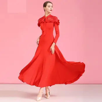 2019 Nyt Design, Navy/Red Lace Ballroom Dance Dress For Moderne Dans Flamenco Vals Kjole Standard Praksis Bære Konkurrence Kostumer