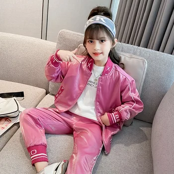 Thanksgiving Kids Tøj 2020 Forår og Efterår Nye Piger Sætter koreanske Lange ærmer Lynlås Lyse Silke Mode To-delt Outfits