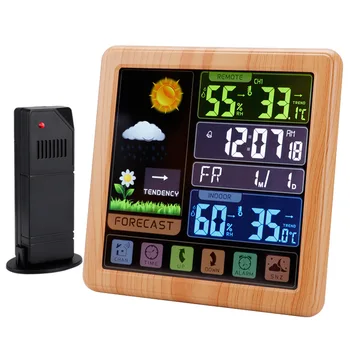 Træ Trådløse vejrstation Indendørs / Udendørs Termometer Hygrometer med Sensor, Digitalt Vækkeur,Vejrudsigt
