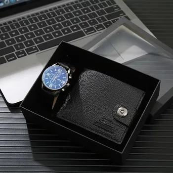 Mænd Ure af Høj Kvalitet Quartz armbåndsur med foldespænde Læder Tegnebog Gave til Mænd, Kæreste, Far, Fars dag Gaver