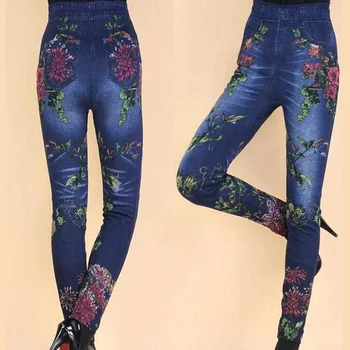 Plus Størrelse Sfit Kvinders Høj Talje Rose Print Efterligning Denim Falske Jeans Slim Fit Leggings Tynde Casual Leggings 8 Stilarter