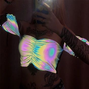 Nibber efterår mode Farverige Reflekterende crop tops kvinder 2019 sexy club party night Skinner bære off skulder t-shirts mujer