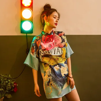 Cheerart Sommeren Vintage Mini Kjole Kvinder Mandarin Collar Kinesisk Stil Fisk Udskrive En Linje Kort Kjole 2019 Tøj
