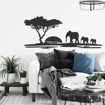 Elefanter Vægoverføringsbillede African Safari Vinyl Klistermærke, Afrikanske Dyr, Elefant Familie, Solnedgang, Træ Roon Dekoration Vægmalerier Z392
