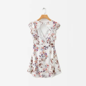 Sommeren kvinder casual kjole flower print pjusket dyb v hals swing mini kjole