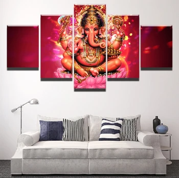 Wall Art Moderne Lærred Trykt Elefant Hoved Guds Billede 5 Stykke Indien Tibetanske Ganesh Maleri Plakat Hjem Indrettet Til Stue