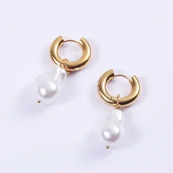 Barok perle huggie hoop øreringe i rustfrit stål til kvinder vintage-ins guld farve