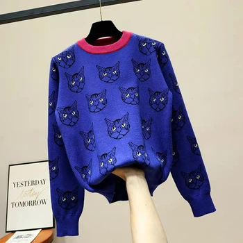 Harajuku Fashion Kvinder Sweater Varmt Tegneserie Kat Jacquard Langærmet Strik Efterår Og Vinter Kvinder Casual Pullover Strik Toppe