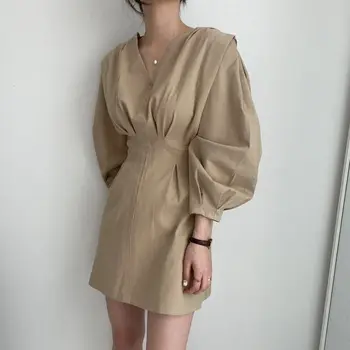 Smarte Solid Elegante Kvinder Casual Kjoler 2021 Foråret Langærmet V-Neck Sexy Kvindelig Kort Mini Kjole Mujer Vestidos Dropshipping