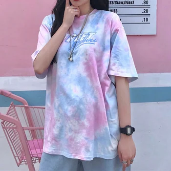 Oversize Top 2020 Sommeren Kvinder Tshirt O-hals Brev Print Overdele Harajuku Tie Dye T-Shirt Afslappet Toppe Grundlæggende Ladies T-shirts