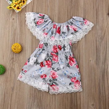 Nyeste Mode Toddler Baby Pige Tøj Blomster Print Flæsekanter Blonder Ærmer Romper Buksedragt Tøj Sunsuit