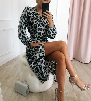 Kvinder Leopard lang kjole, Vinger Fuld Lanterne Ærme V-Neck Sexy & Club hvid sort brun 2019 sommer mode lange kjoler