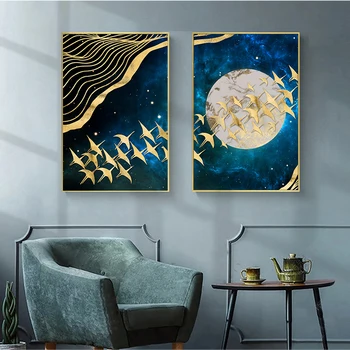 Abstract Månen Væg Kunst, Lærred Maleri Gyldne Bjerg Fugle Nordiske Plakater og Prints Væg Billeder til stuen Home Decor