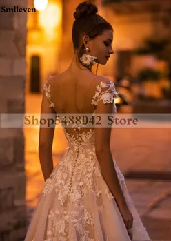 Smileven Princess Wedding Dress Cap En Linje 3D Blomster Blonder Kjoler til Brudens Applicerede Bryllup Kjoler, Rygløs Vestido De noiva