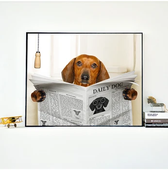 Dog Læser Avis Toilet Væg Kunst Print På Lærred Sjov Hund At Male Væggen Billede Med Hjem Badeværelse Indretning Hunde Elsker Gave