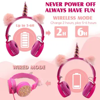 Enhjørninger Hovedtelefoner Tegnefilm Bluetooth-5.0 Kids Øretelefon Foldbar Trådløs Musik i Stereo Strækbar Headset til Drenge, Piger Gaver