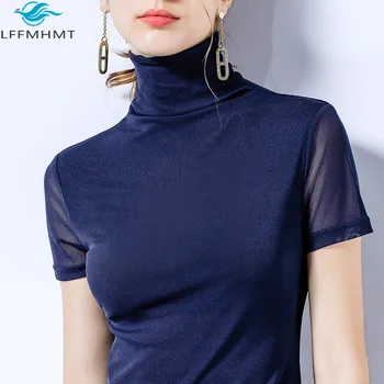 Kvinder kortærmet T-shirts Kontor Dame Korea Stil Rullekrave Slim Fit Mesh Bunden Tee Kvindelige Sommeren Solid Farve Tynde Toppe