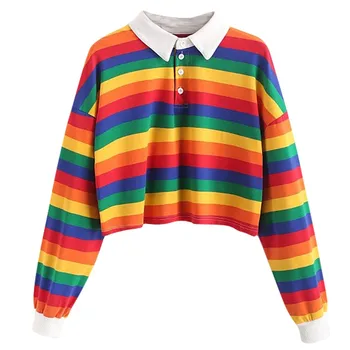 Stribet Kontrast Rainbow Halvdelen Knappen Beskær Sweatshirt Short Polo - Shirt Med Lange Ærmer Kvinder Shirts Efteråret Pullovere Bedste Kvindelige 2021