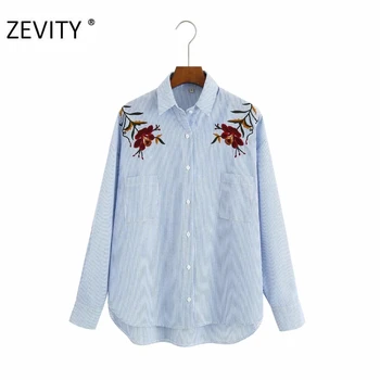 ZEVITY Nye kvinder vintage blomsterbroderier stribet print, smock bluse shirt kvinder kontor lommer roupas smart chemise toppe LS7176