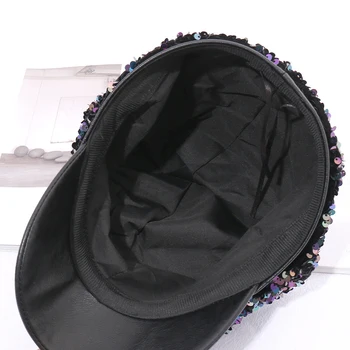 Kvinders Farverige Sequined Ottekantede Hat Efterår og Vinter Fashionable Farverige PU Avis Hat