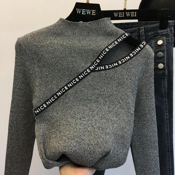 2019 Nye Forår og Efterår Kvinder er Høj-hals Sweater Kvindelige Åben-skulder Strikkes Grundlæggende Shirt Afslappet langærmet Strik