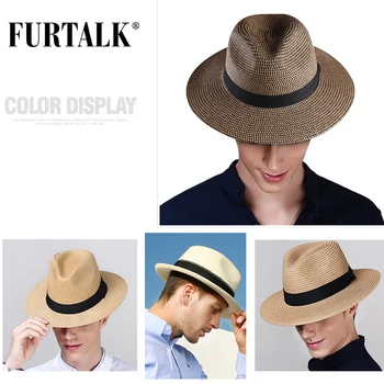 FURTALK Sommer Hat til Kvinder, Mænd Panama stråhatte Rejse Beach Sun Hat Wide Brim Fedora Jazz Hat