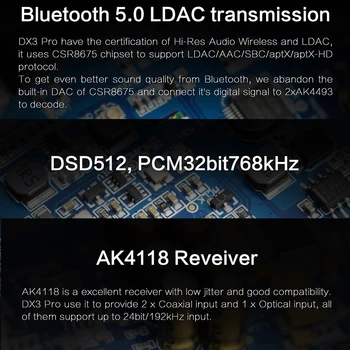 TOPPING DX3 Pro LDAC Dual AK4493 Bluetooth-5.0 Hovedtelefon-Forstærker FORSTÆRKER USB-DAC med DSD512 PCM-32bit/768kHz Optical Coaxial
