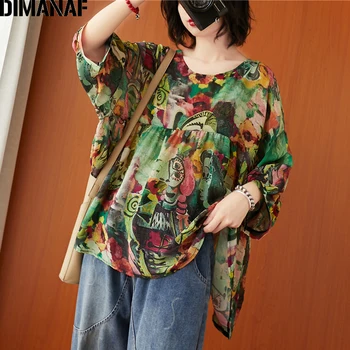 DIMANAF Plus Size Bluse Shirts Kvinder Tøj Elegant Dame Toppe, Tunika Vintage Blomster Print Sommeren Casual Løs Oversize 5XL 6XL
