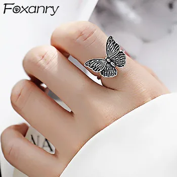Foxanry 925 Sterling Sølv Charmerende Ringe til Kvinder, Par INS Mode Thai Sølv Butterfly fødselsdagsfest Smykker Gaver