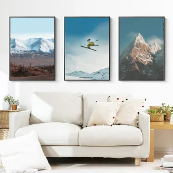 Snow Mountain Liggende Plakat Vinter Bjerg Peak Ski Moderne boligindretning Maleri til Ski Resort Væg Kunst, Dekoration