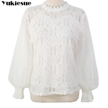 Nye fashion Kvinder lace blouse Korea mode Syning Mesh Toppe, Elegant Lanterne ærme Hvid Chiffon skjorte Blusa Plus størrelse