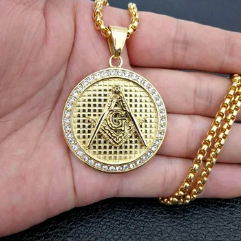 Herre Rustfrit Stål zircon Frimurer Illuminati Symbol guld farve Gratis Mason Vedhæng med 24