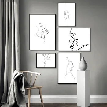 Line Draw Plakat Væg Kunst Udskrive Sort / Hvide Lærred Maleri Elsker Kys Citat Billeder til stuen Home Decor