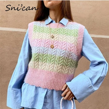 Za kvinder pink mode stribede ærmer strikket sweater vintage-jersey mujer invierno 2020 kvindelige pullover trække sans manche ny