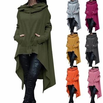 Kvinder Hættetrøjer Efteråret 2020 Uregelmæssige Ensfarvet Fashion Oversize Sweatshirt Løs Hooded Pullover Med Lange Ærmer Lange Outwear Hoody