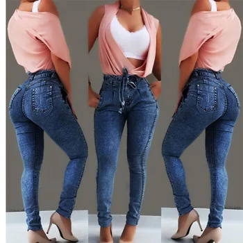 Høj Talje Jeans Til Kvinder Slank Stretch Denim Jean Bodycon Og Sort Bælte Tynde Push Up Jeans Kvinde