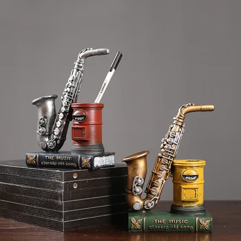 Retro Opbevaring Pen Indehaveren Saxofon, Violin Figurer Figurer Håndværk Gave Harpiks Udsmykning Studerende Papirvarer Storage Box Holder