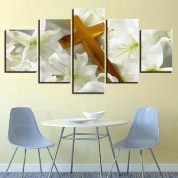 Lærred Ramme HD Udskriver Home Decor 5 stk Malerier af Kristi Kors Og Liljer Plakat Blomster Billeder Væg Kunst Til stuen