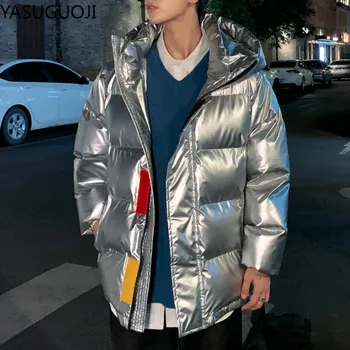 YASUGUOJI Sølv Skinnende Mænd Vinter Frakke Mode Hooded Varm Tykkere Blå Bomuld Polstret Puffer Jacket i 2020 Nye Parka