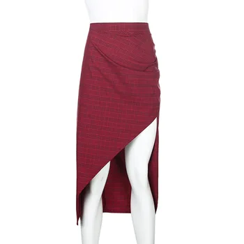 Kvinde nederdele sexet uregelmæssige plaid elegant nederdel imperium rød lang nederdel mujer faldas kpop plisseret nederdel vrouw rokken