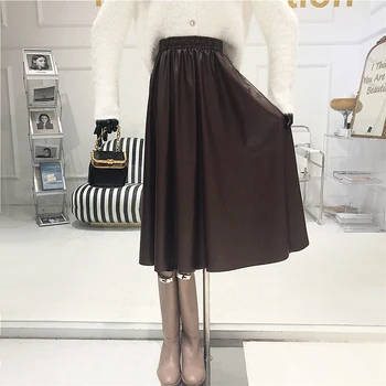 Højtaljede PU Læder Nederdel Kvinder 2020 Efteråret Nye A-Linje Mid-Kalv Vintage Imiteret Læder Faldas Largas Mujer koreansk Stil