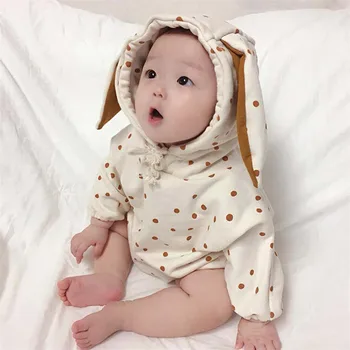 0-2Y dejlige baby jumpsuit sød kanin store øre med dot design winte varm bomuld piger tøj tyk hætte overtøj barn