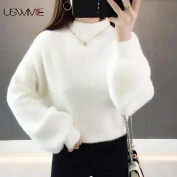 Winter Plus Size Sweater mode Enkel Velvet Lanterne Ærme Halvdel Høj Krave Tyk Casual Solid Farve Bunden Pullovere USWMIE