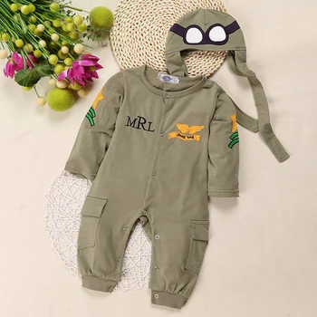 Baby Dreng Spædbarn Grønne Fuld Ærmer Pilot Aviator Rompers+Hat Sæt 2stk Playsuit Tøj Buksedragt Rompers Bomuld Kostume Passer til Kroppen