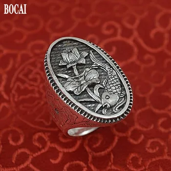 999 sterling sølv ring, genoprette gamle måder, mænd lotus har fisk fint sølv ring