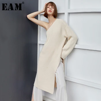 [EAM] Lang Temperament at Strikke en Sweater i Loose Fit Uregelmæssige Krave Lange Ærmer Kvinder Nye Mode Tidevand Foråret Efteråret 2021 1H824