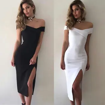 X205-2020 ny sommeren kvinder sexy skrå skulder ene skulder uregelmæssige ensfarvet side slids wrap balle kjole kjole