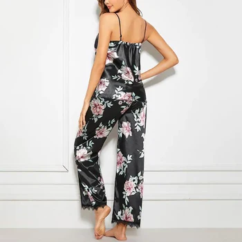 Loozykit 2020 Fashion Kvinder Floral Pjamas Sæt Kvindelige Tank Tops+Lange Bukser Satin Sexet Nattøj Tøj Nattøj Tøj