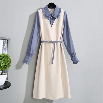 Koreansk Mode Falske-To Dress Kvinder Foråret Plus Størrelse 4XL Elegante Splejset Lange Ærmer Party Dress Street Sød Skjorte A-Line Kjole