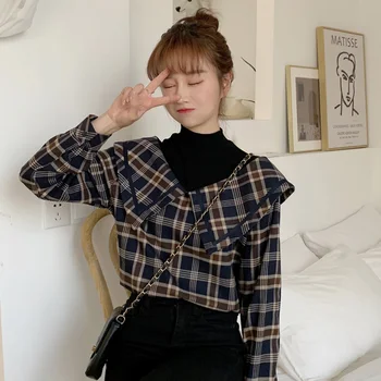 2020 efteråret dukke krave falske to-stykke bluse koreanske retro ternet skjorte kvindelige design vintage bluser